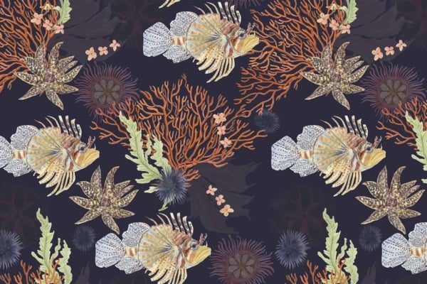 Wallpaper Pattern:
- Elements: Ornate lionfish, starfish, soft coral branches, sea anemones
- Theme: Underwater world reminiscent of Ariel's realm
- Colors: Muted tones of orange, green, brown
- Background: Dark shade for contrast
- Design: Intricate details, repeating motif