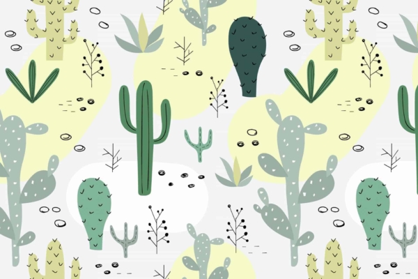 Wallpaper Description: A playful illustration featuring various types of cacti in shades of green and yellow, evoking Arizona's desert flora. Background is light gray with abstract yellow shapes and small black and white dots scattered throughout. Some cacti are adorned with flowers or small branches. Keywords include: cacti, green, yellow, desert flora, light gray background, abstract yellow shapes, black dots, white dots, flowers on cacti.