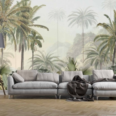 A wall mural features a lush tropical scene with various palm trees set against a soft, misty background. It includes elements like large green palm fronds, tree trunks in varying shades of brown, and subtle hues of blue and gray for the misty atmosphere.