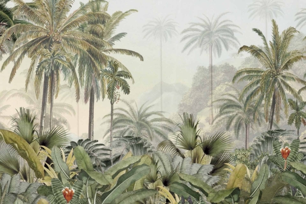 Wallpaper features a lush tropical landscape with tall palm trees, dense foliage, and misty background. Highlights include large green leaves, vibrant red flowers, and a serene mystical atmosphere. Ideal for armchair travel ambiance.