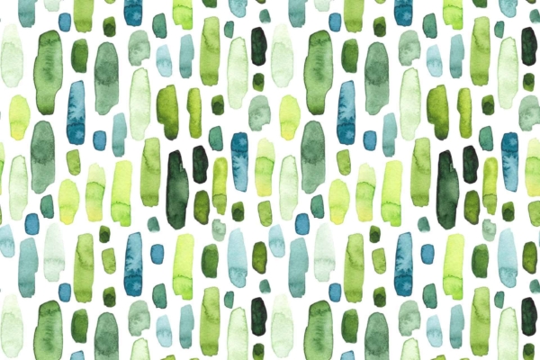 Abstract watercolor pattern with vertical and horizontal brush strokes. Shades of green and blue on a white background. Vibrant, lively design.