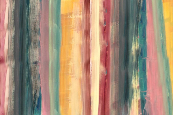 Abstract painting with vertical brushstrokes in teal, yellow, pink, and maroon. Layered textures with subtle blending create a dynamic and vibrant wallpaper composition. Ideal for art education.