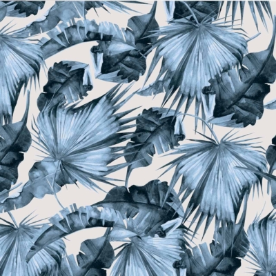 Seamless tropical leaves pattern, hand-drawn in dark and light blue shades with a textured effect. Light background enhances the intricate blue foliage, creating a cool and calming contrast. Perfect for an exotic, lush paradise feel in wallpaper design.