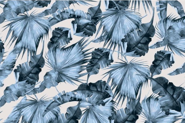 Seamless tropical leaves pattern, hand-drawn in dark and light blue shades with a textured effect. Light background enhances the intricate blue foliage, creating a cool and calming contrast. Perfect for an exotic, lush paradise feel in wallpaper design.