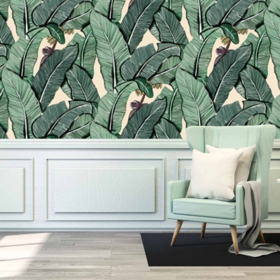 Bold banana leaf wallpaper, green and white color scheme, tropical decor vibes.