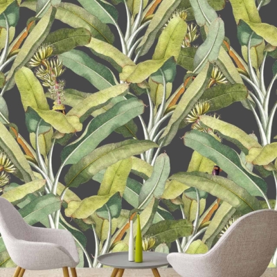 Modern leaf-patterned wallpaper, various green shades, yellow flowers, purple flowers, dark background.