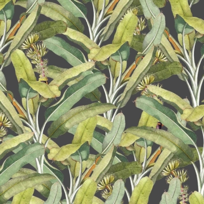 Immerse in a lush tropical botanical design featuring overlapping green and yellowish banana leaves, complemented by vibrant banana flowers scattered throughout. The intricate wallpaper pattern stands out against a muted dark background, with rich foliage textures and eye-catching bursts of color.