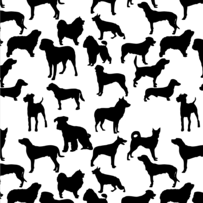 Wallpaper A pattern: black silhouettes of various dog breeds on a white background, scattered and slightly overlapping. Highlights diversity in body shapes and sizes with dogs in different poses. Elements: black dog breed silhouettes, white background.