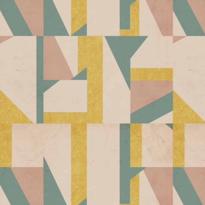 Abstract geometric wallpaper featuring overlapping shapes in muted shades of yellow, green, and pink on a beige background. The design includes tessellated triangles, rectangles, and parallelograms for a visually pleasing contemporary aesthetic.