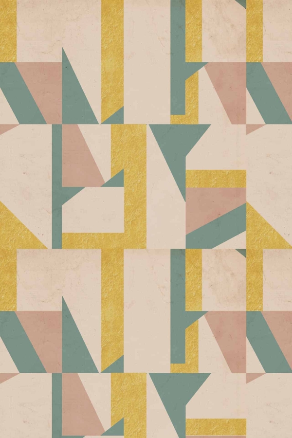Abstract geometric wallpaper featuring overlapping shapes in muted shades of yellow, green, and pink on a beige background. The design includes tessellated triangles, rectangles, and parallelograms for a visually pleasing contemporary aesthetic.