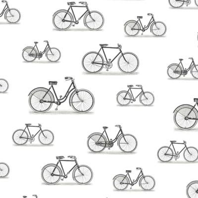 Wallpaper features:
- A pattern of sketched bicycles of varying sizes
- Reminiscent of race-day scenes
- Scattered on white background
- Black-outlined bicycles with shaded details
- Consistent, repeating design