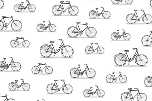 Wallpaper features:
- A pattern of sketched bicycles of varying sizes
- Reminiscent of race-day scenes
- Scattered on white background
- Black-outlined bicycles with shaded details
- Consistent, repeating design