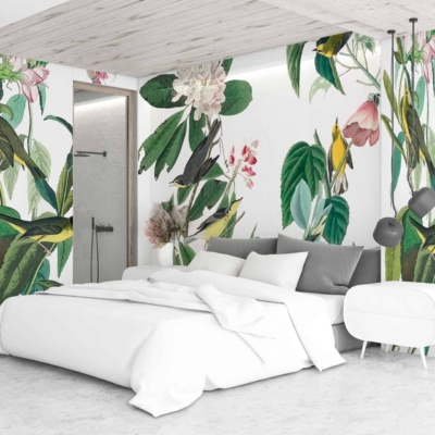 Vibrant tropical-themed wallpaper, large green leaves, colorful flowers, exotic birds, modern bedroom.
