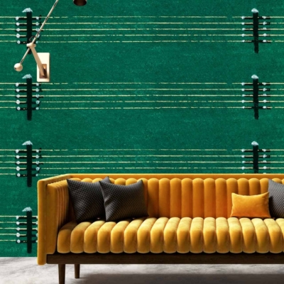 The wallpaper features a vibrant green color with horizontal lines and black geometric elements.