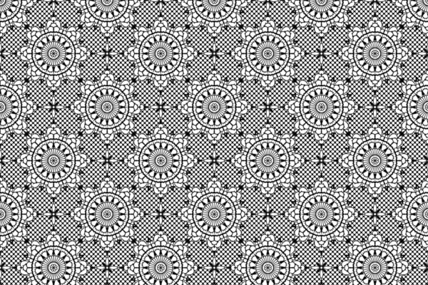 Seamless wallpaper featuring intricate circular mandalas with radial design, interspersed with polka dots and a mesh-like background. Evokes black lace elegance. Black-and-white color scheme, evenly spaced mandalas, harmonious geometric pattern.