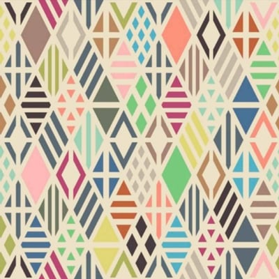 Vibrant geometric wallpaper, Blade Runner-like pattern, interlocking shapes: diamonds, triangles, rectangles. Colors: pink, green, blue, yellow, brown, gray. Intricate motifs with a kaleidoscopic effect.