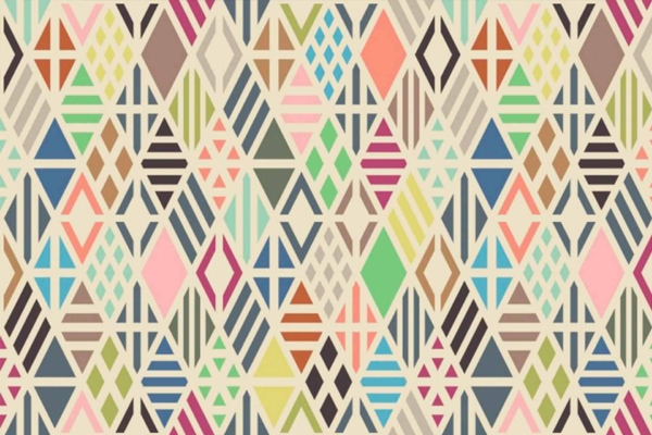 Vibrant geometric wallpaper, Blade Runner-like pattern, interlocking shapes: diamonds, triangles, rectangles. Colors: pink, green, blue, yellow, brown, gray. Intricate motifs with a kaleidoscopic effect.