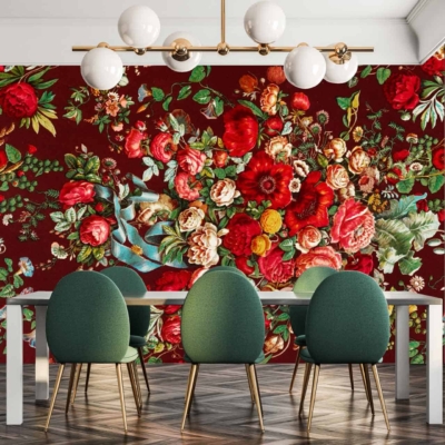 Vibrant floral wallpaper, deep red background, red flowers, pink flowers, yellow flowers, white flowers.