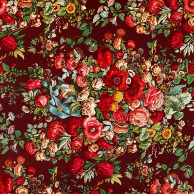 A vibrant floral wallpaper features an array of flowers in shades of red, pink, yellow, and white on a dark red background. Green leaves and intertwining stems enhance the detailed botanical design.