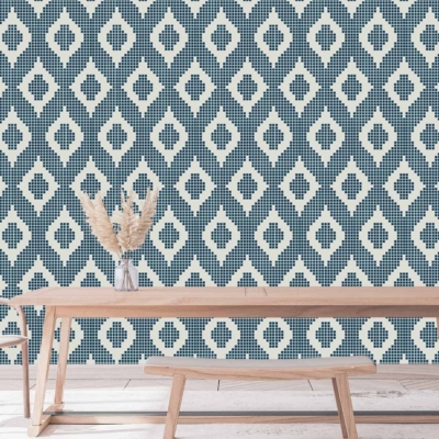 Navy blue and white diamond-patterned mosaic wallpaper with striking geometric designs.