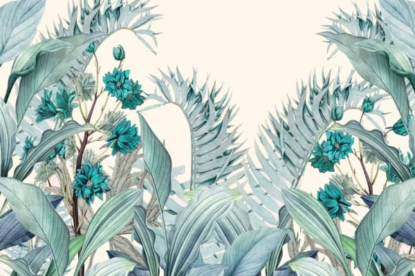This wallpaper illustration showcases a lush botanical scene with vibrant green and teal leaves, tall stems adorned with blue-green flowers, and an intricate arrangement of foliage. The backdrop is light, enhancing the vibrant yet calming effect, reminiscent of a tropical paradise. Elements like green leaves, teal leaves, blue-green flowers, tall stems, intricate foliage are vividly highlighted against the serene background for a striking natural beauty display.