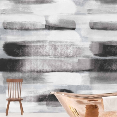 The wallpaper is an abstract, monochromatic mural featuring shades of black, gray, and white. Blurred lines create a sense of depth throughout the design.