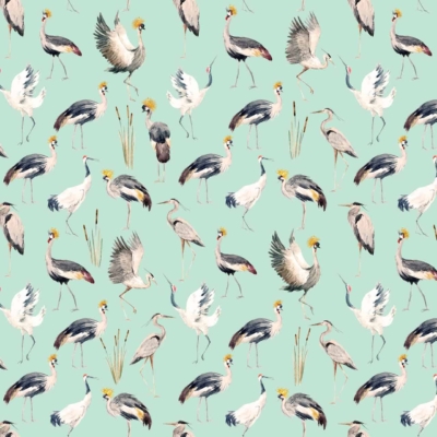 Seamless wallpaper featuring water birds like cranes and herons in realistic, hand-drawn style. Birds are in various poses: standing, flying, and wading among cattails and reeds. Muted color palette with a soft turquoise background. Keywords: water birds, cranes, herons, realistic drawing, muted colors, cattails, reeds, turquoise background.