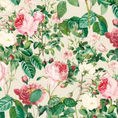 Seamless wallpaper pattern featuring blooming roses in shades of pink, red, and white, interspersed with green leaves and stems on a light beige background. Detailed floral design creates a lush, garden-like appearance reminiscent of a bramble bush in full bloom.