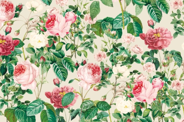 Seamless wallpaper pattern featuring blooming roses in shades of pink, red, and white, interspersed with green leaves and stems on a light beige background. Detailed floral design creates a lush, garden-like appearance reminiscent of a bramble bush in full bloom.