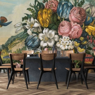 A vibrant mural featuring colorful flowers, green foliage, and a flying bird creates a lush, garden-like atmosphere. Elements include daisies, roses, tulips in shades of red, pink, yellow, and blue. Foliage in varying greens offers depth. The bird adds movement with hues of blue and orange against the botanical background.