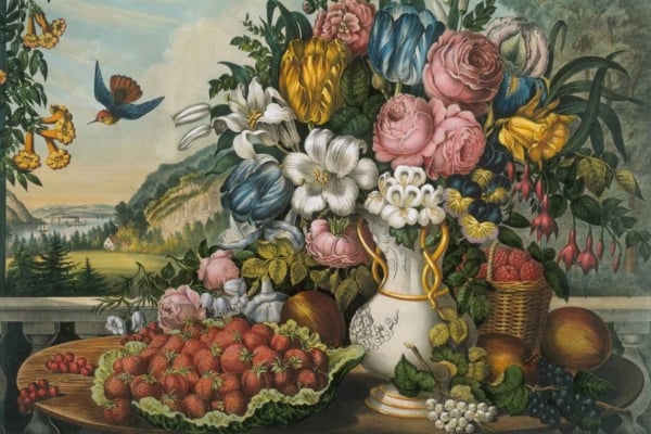 Wallpaper features:
- Large bouquet, colorful flowers: reds, blues, yellows
- Vase: detailed patterns 
- Table set for breakfast
- Assorted fruits: strawberries (red), bananas (yellow), grapes (purple)
- Scenic background with flying bird
- Green hills and a distant view of a house near water