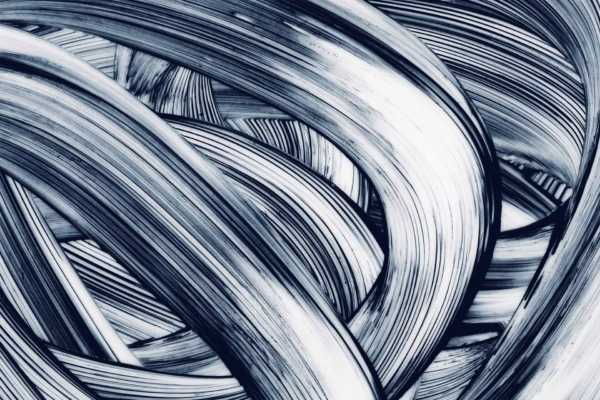 Abstract wallpaper featuring intricate, swirling patterns of interwoven curving lines in shades of black, white, and grey. Dynamic visual effect with textured appeal enhanced by broad strokes.