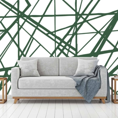 Green abstract linear pattern, white background, shattered glass design.