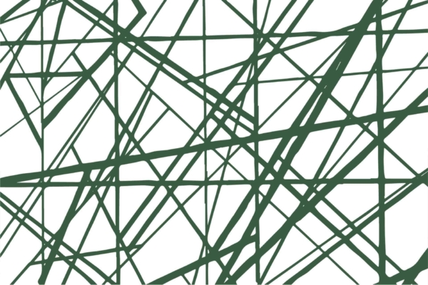 Digital artwork, abstract composition, intersecting dark green lines, varying thickness, white background, resembling broken glass, dynamic pattern. Colors: dark green and white. Elements: complex intersecting lines.