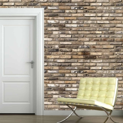 The wallpaper features a brick pattern with shades of red, brown, and grey.
