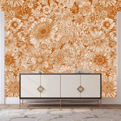 Intricate orange floral wallpaper featuring detailed flower patterns and subtle brown tones.