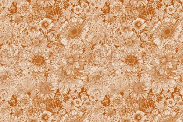 A detailed sepia-toned floral wallpaper pattern showcases a variety of densely packed flowers like daisies and chrysanthemums. The intricately drawn blooms create an elegant, harmonious Brown Blome design. Highlighting elements such as the meticulous detailing, soft sepia tones, and rich brown hues emphasizes the sophisticated floral ambiance of this wallpaper.
