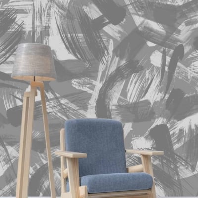 Gray and white wall with abstract brushstrokes, enhancing contemporary aesthetic.