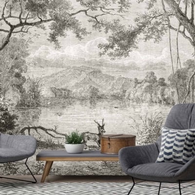 The wallpaper is a detailed black-and-white mural featuring a serene, wooded lakeside landscape with mountains in the background. The elements include trees, a calm lake, and distant mountains, all rendered in shades of black, white, and gray. It evokes feelings of nostalgia for bygone days.