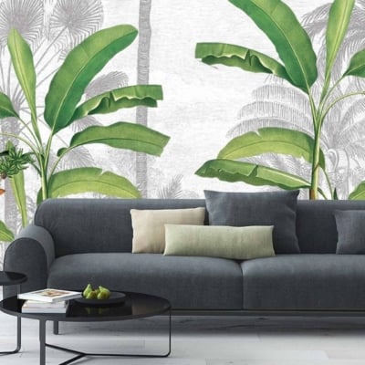 Tropical-themed Cara Palms mural, large green leaves, palm trees.