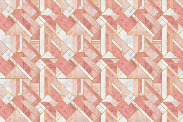 A seamless geometric pattern with interlocking rectangles and triangles in shades of pink, white, and gold, featuring a modern, abstract mosaic effect. The design has a marble-like texture reminiscent of sprinkled castor sugar.