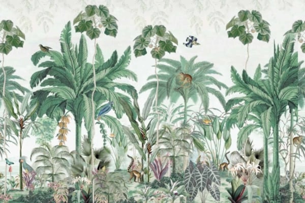 A lush jungle wallpaper is teeming with vibrant wildlife and foliage. Key elements include tall, majestic palm trees, colorful birds perched and flying, playful monkeys on branches, and serene deer grazing among diverse tropical plants and flowers. The dense greenery features rich shades of green interspersed with bursts of bright floral hues. This lively scene captures the essence of a verdant, natural habitat perfect for relaxation amidst nature’s beauty.