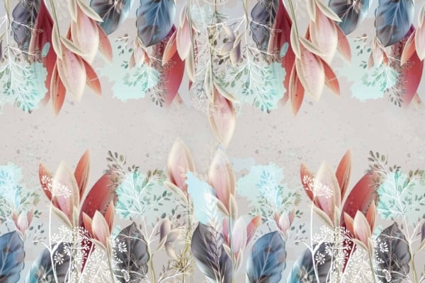 Abstract botanical wallpaper with layered pastel leaves in red, pink, blue, and teal on a light grey background. Symmetrical arrangement. Delicate white floral patterns overlay for added texture and detail.