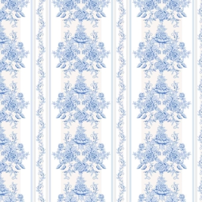 Vertical stripes with blue floral arrangements, light background, alternating floral motifs and simple patterned lines, classic regal design.