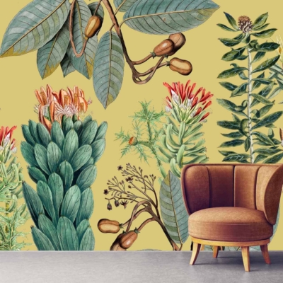 Wallpaper Description: Detailed botanical illustrations, featuring various plants and flowers. Warm yellow background with intricate designs. Key elements include leaves, stems, and blossoms in shades of green, pink, red, and white.
