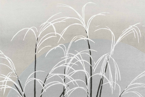 Wallpaper features slender reeds with white leaves and dark stems, set against a soft background with subtle gray and beige tones. The design exudes tranquility and minimalist elegance.