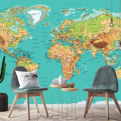 The wallpaper showcases a large, detailed world map mural. Elements include intricate coastlines, mountain ranges, and ocean currents. The colors range from muted earth tones to vibrant blues and greens, bringing a sense of adventure and exploration to the room.