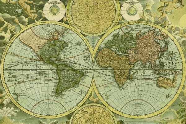 Vintage world map wallpaper with celestial diagrams; shows North and South America left, Europe, Asia, Africa right. Background has mythological figures, astronomical elements, hints of Christopher's voyage. Greenish-yellow hue.