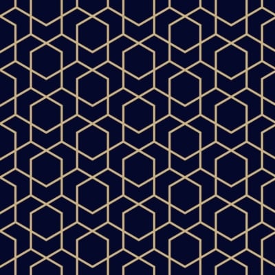 A clean slate pattern featuring a geometric honeycomb design with gold lines forms hexagons on a dark blue background. The tessellation creates the illusion of three-dimensional cubes. Main elements and colors: geometric, honeycomb, gold lines, hexagons, dark blue background, 3D cubes illusion.