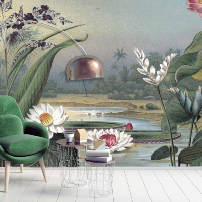 Vibrant mural featuring lush, tropical landscape—pond, large green leaves, white and pink lotus flowers, distant palm trees. Colors: green, pink, white.